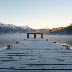A frosty morning looking down the pier on the lake in Bariloche