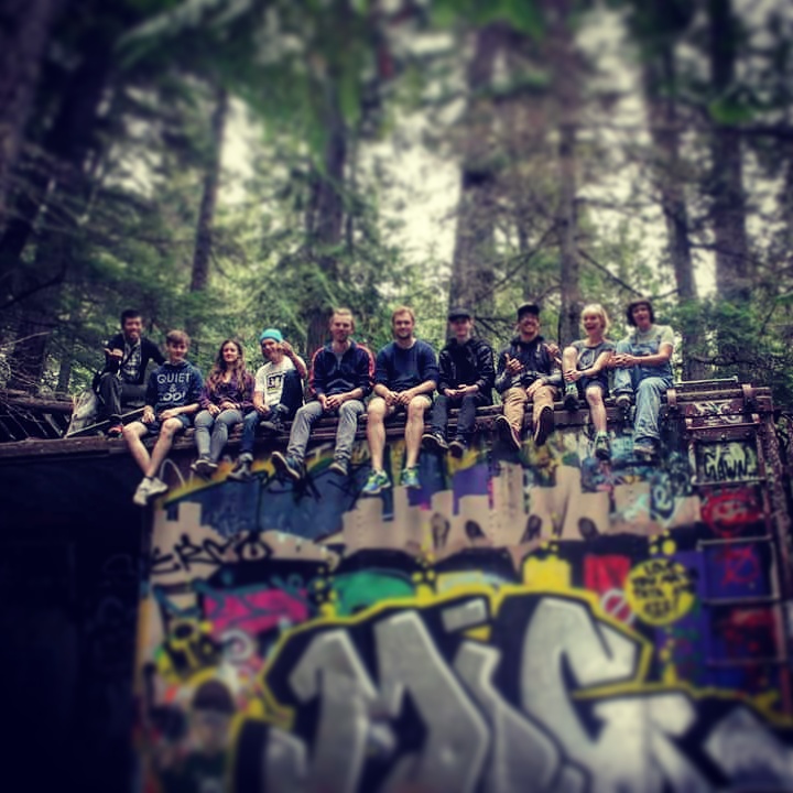 The MTB Coaches Camp trainees climb the famous Whistler Train Wreck for a quick snap