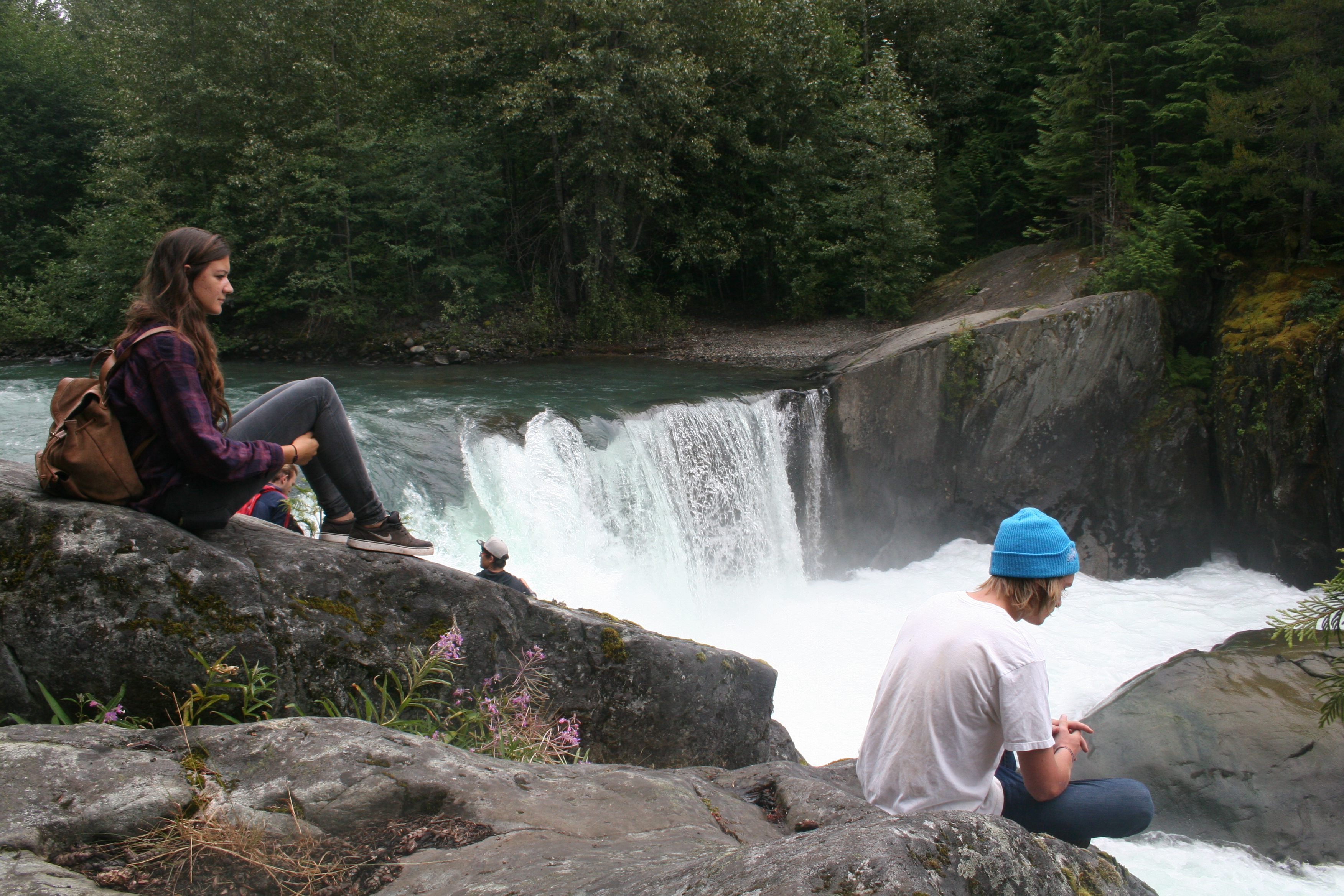 Cheakamus River waterfalls with Shendo and Penny